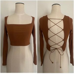 Ribbed Lace Up Back Crop Top
